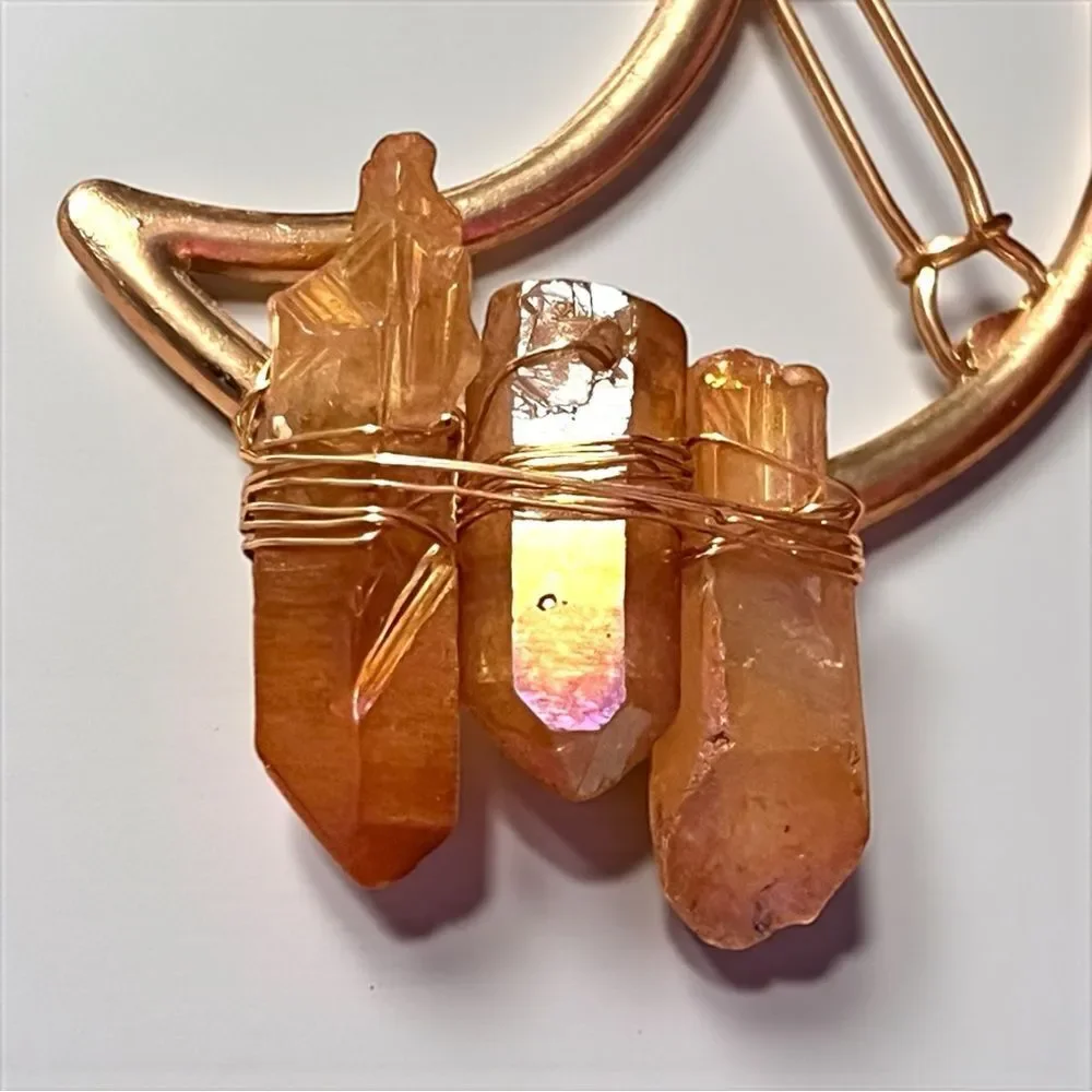 Handmade Genuine Aura Coated Gold Quartz Crescent Moon Hair Clip